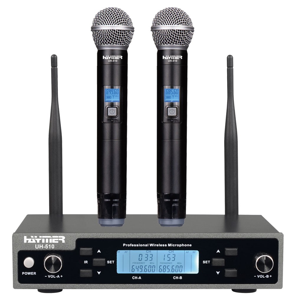 זוג מיקרופונים אלחוטיים ידניים UHF Haymer UH-510