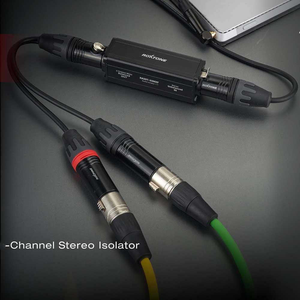 מבודד סטריאו 3.5 מ"מ ל-2×XLR (DI) עם תיק Roxtone RA3DT-X5MXF